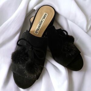 Karl Lagerfeld Paris Hennie Sandals Size 5.5 Black Suede Pom-Poms Block Heels